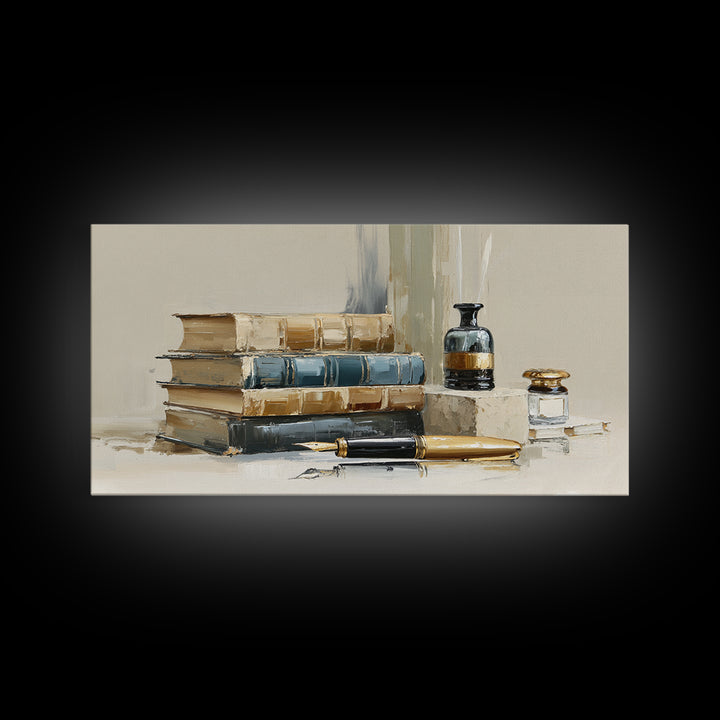 Dignified Law Books and Fountain Pen Still Canvas Print, Law Office Art, Minimalist Decor, Office Decor, Fine Art, Counsel, LOA-2x1-70
