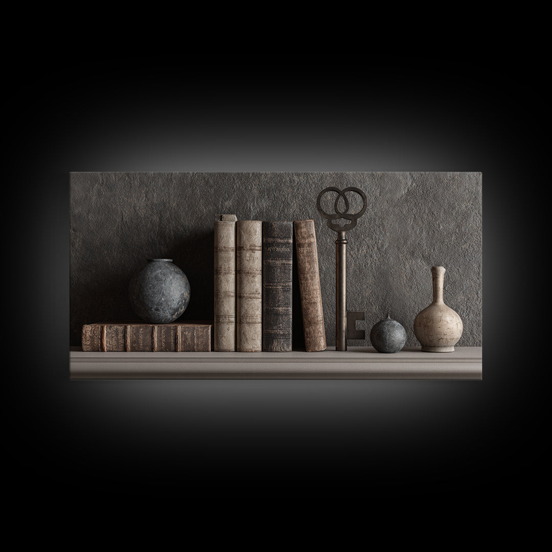 Antique Key and Leather Bound Books Arrangement Framed Canvas Print, Law Office Art, Poster Print, Office Decor, Counsel, LOA-2x1-99
