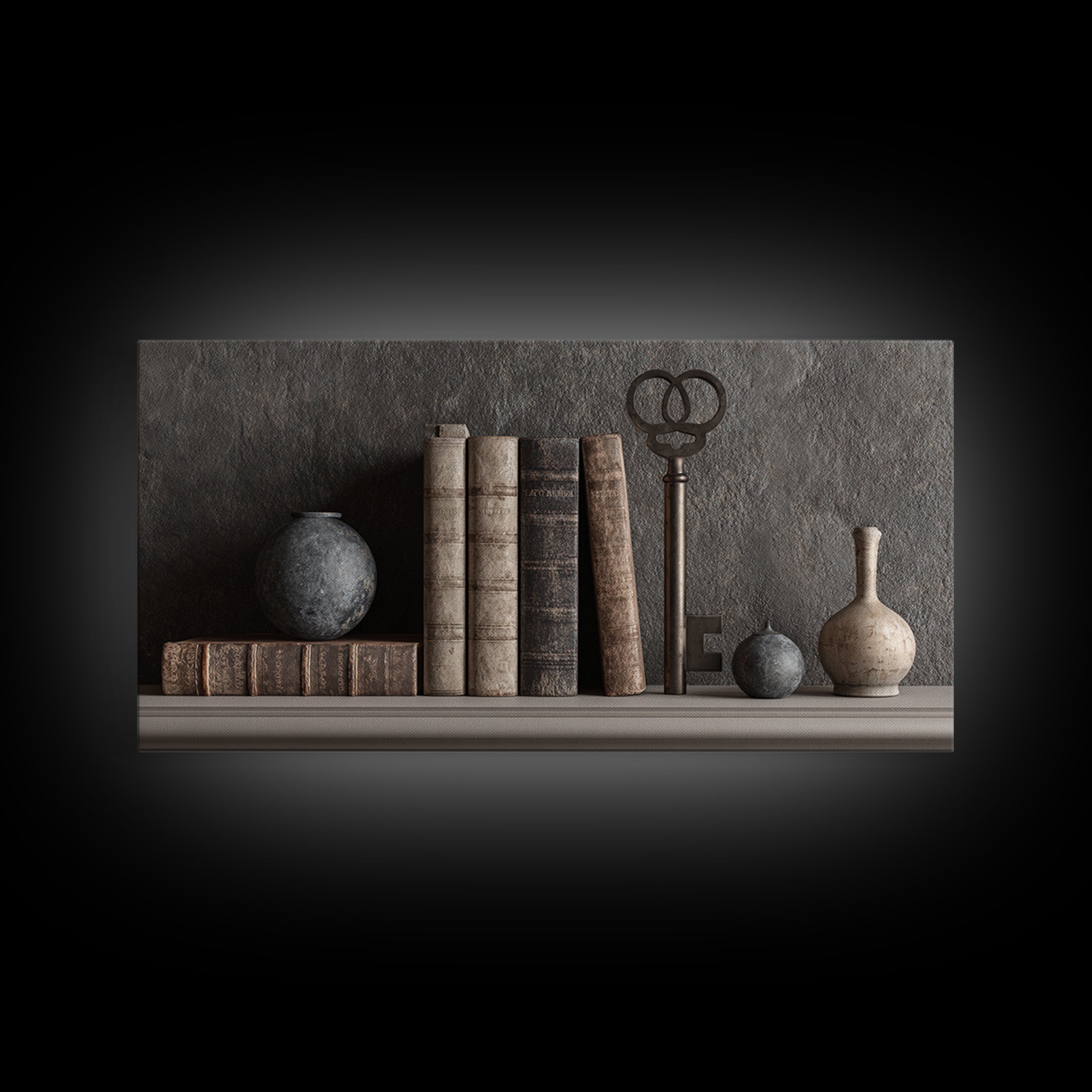 Antique Key and Leather Bound Books Arrangement Framed Canvas Print, Law Office Art, Poster Print, Office Decor, Counsel, LOA-2x1-99