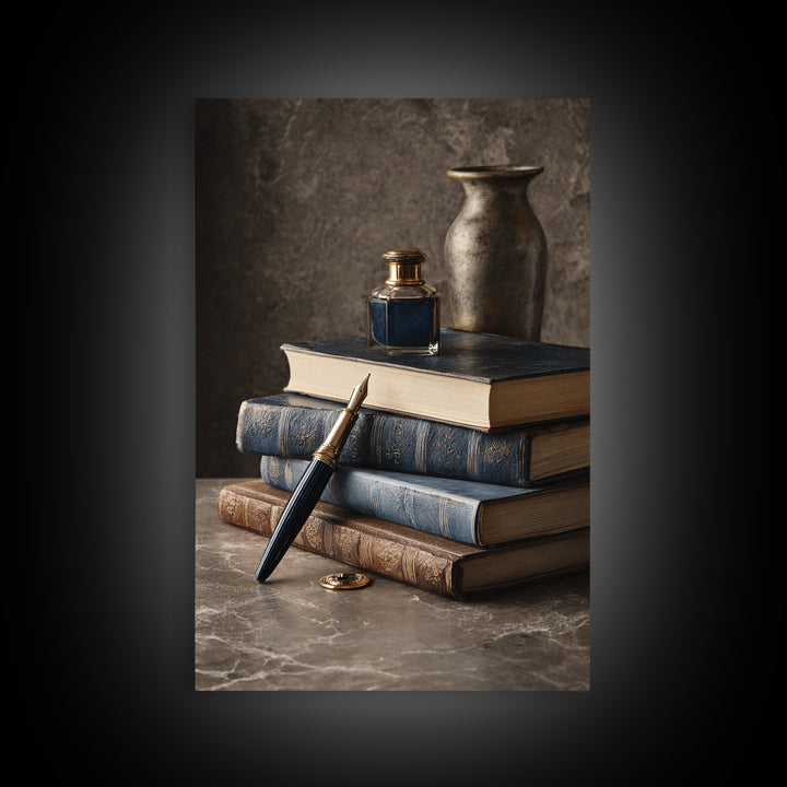 Dignified Law Books and Fountain Pen Still Framed Canvas Print, Law Office Art, Luxury Decor, Office Decor, Fine Art, Counsel, LOA-2x3-34