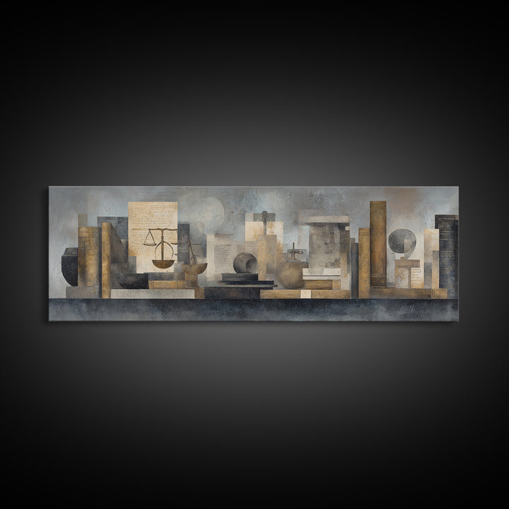 Dark Academia Desk Still Life Without Readable Canvas Print, Law Office Art, Office Wall Decor, Office Decor, Abstract Art, LOA-3x1-49