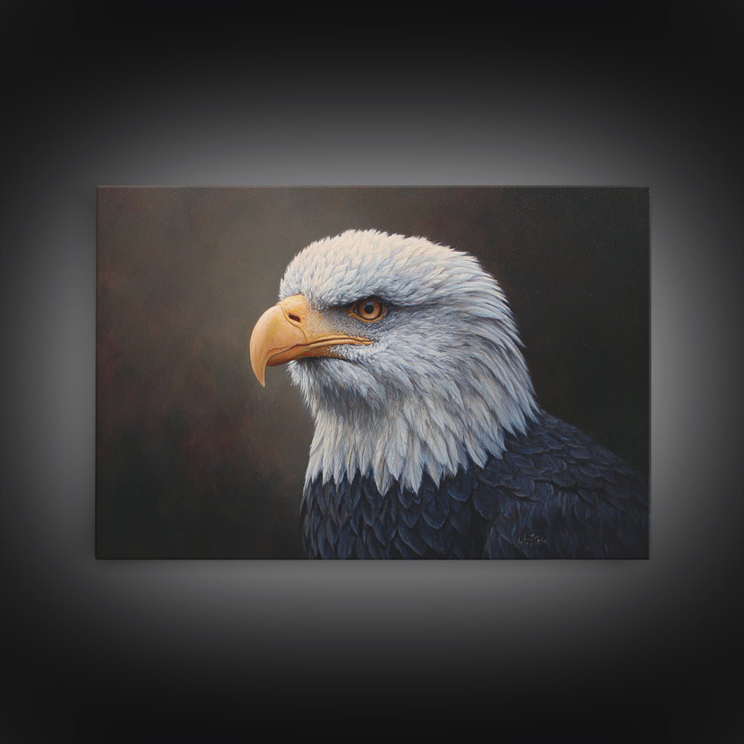 Eagle Portrait with Solemn Presence Framed Canvas Print, Law Office Art, Office Decor, Fine Art, Counsel, Therapy Office Decor, LOA-3x2-10