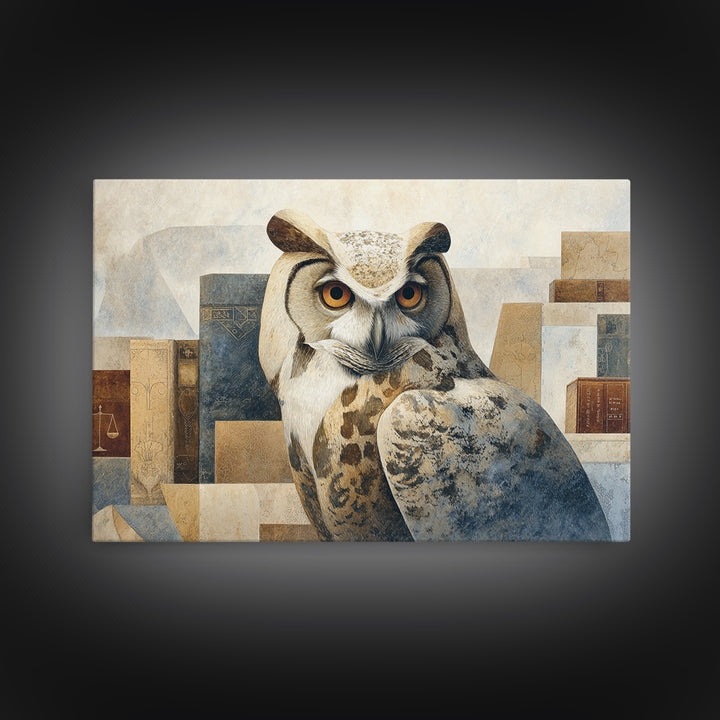 Owl Portrait Representing Wisdom Framed Canvas Print, Law Office Art, Bookish Wall Art, Office Decor, Fine Art, Counsel, LOA-3x2-45