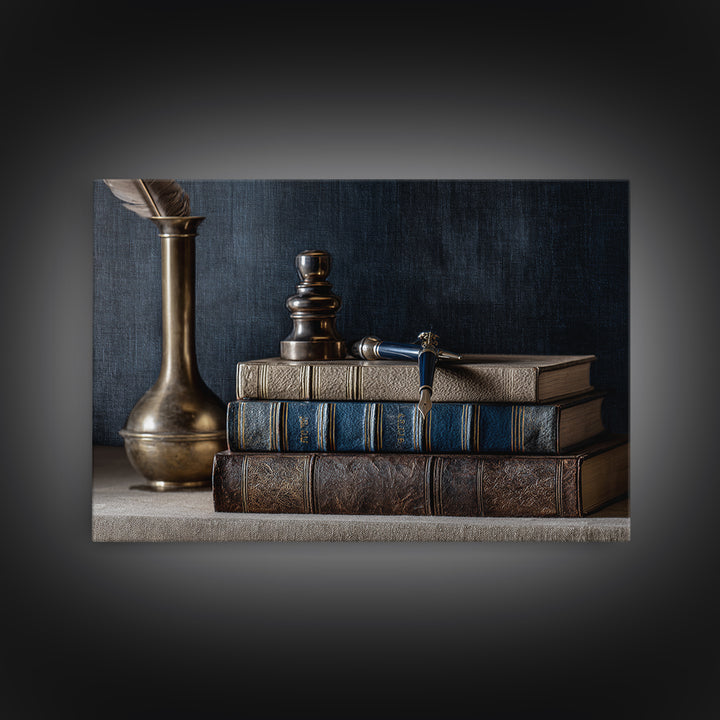 Dignified Law Books and Fountain Pen Still Framed Canvas Print, Law Office Art, Printable, Office Decor, Fine Art, Counsel, LOA-3x2-6