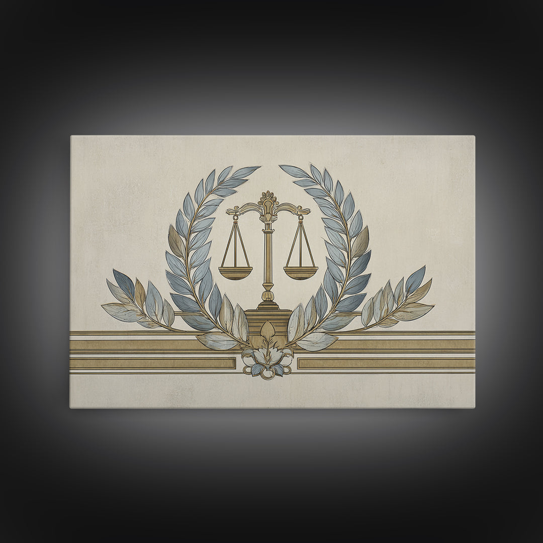 Minimal Line Drawing of Scales and Laurel Canvas Print, Law Office Art, Office, Office Decor, Abstract Art, Counsel, LOA-3x2-62