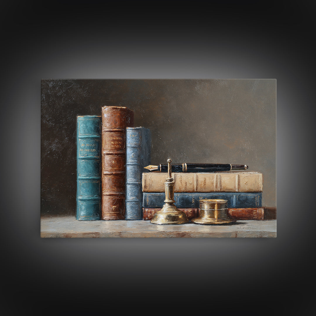 Dignified Law Books and Fountain Pen Still Framed Canvas Print, Law Office Art, Gifts for Lawyers, Office Decor, Counsel, LOA-3x2-78