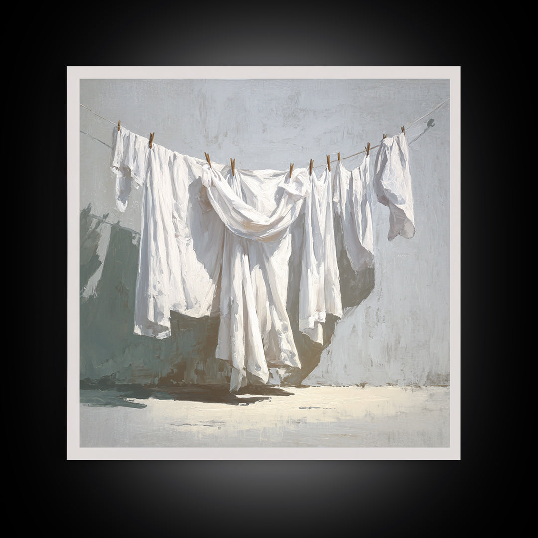 Clothesline with White Linens Blowing in Sunshine Canvas Print, Laundry Room Art, Rustic Home Decor, Living Room Decor, Clean, LRA-1x1-1