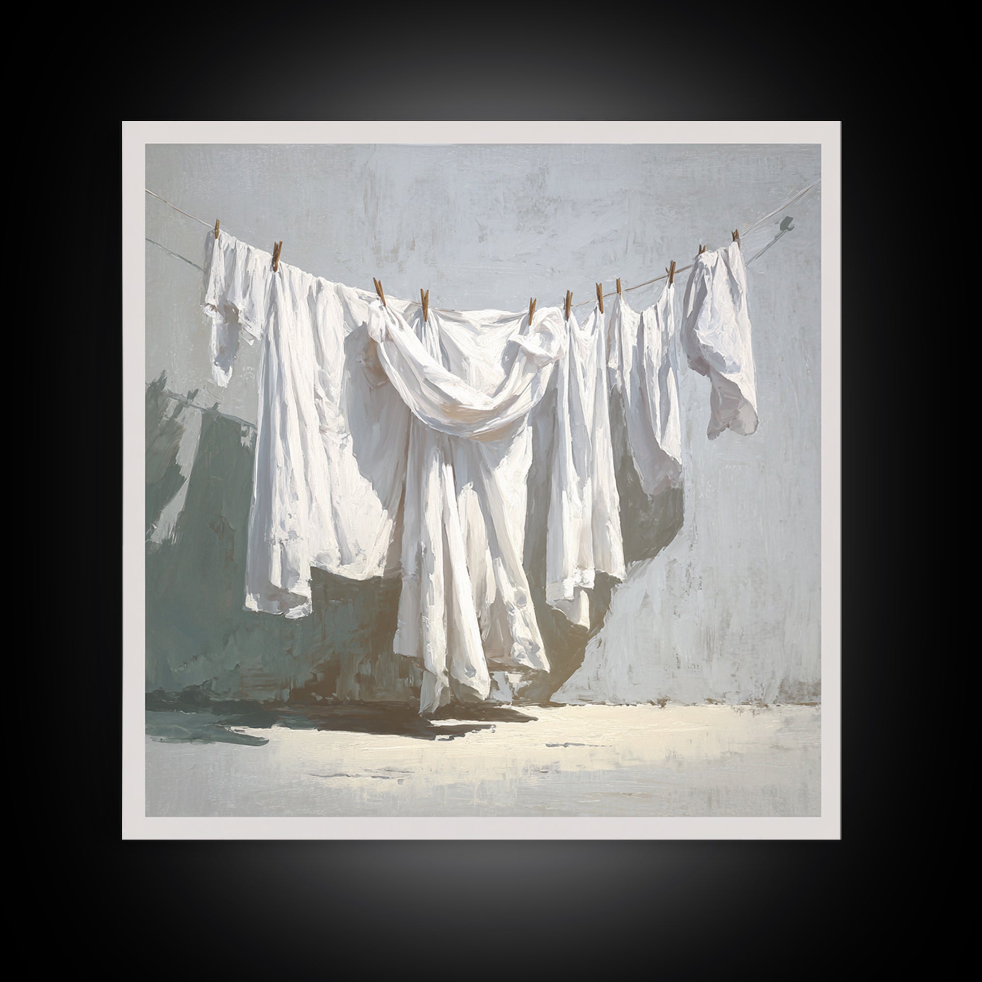 Clothesline with White Linens Blowing in Sunshine Canvas Print, Laundry Room Art, Rustic Home Decor, Living Room Decor, Clean, LRA-1x1-1