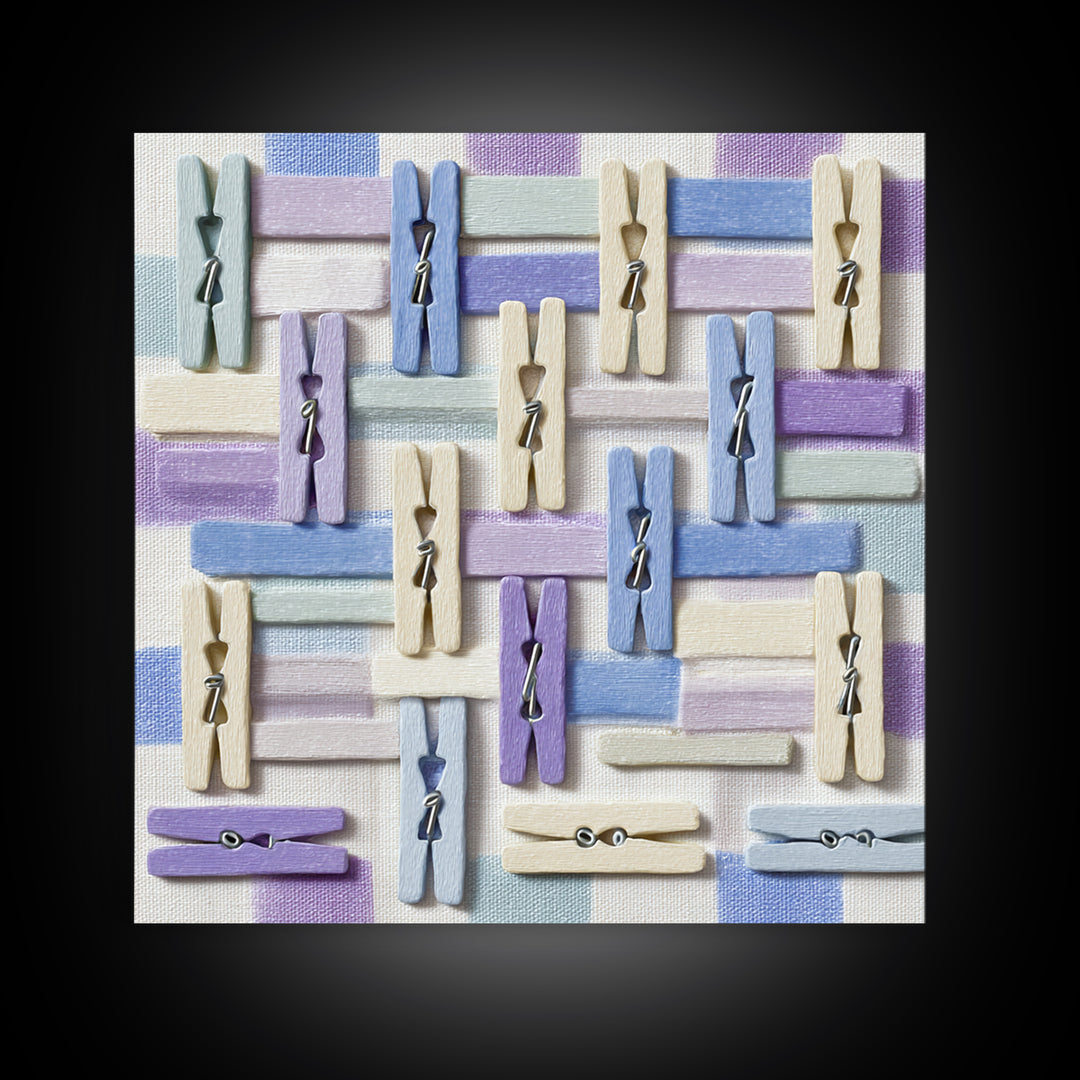 Cheerful Clothespins Arranged as Pattern Framed Canvas Print, Laundry Room Art, Funny Poster, Living Room Decor, Watercolor Art, LRA-1x1-100