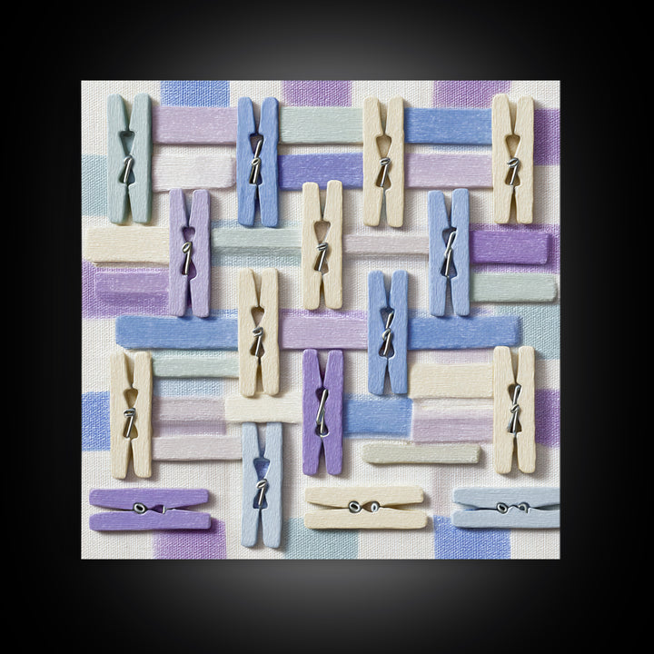 Cheerful Clothespins Arranged as Pattern Framed Canvas Print, Laundry Room Art, Funny Poster, Living Room Decor, Watercolor Art, LRA-1x1-100