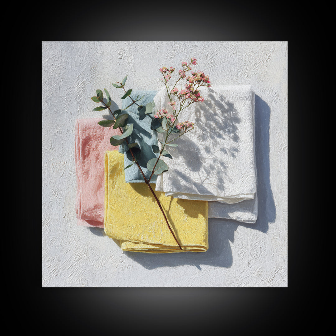 Sunlit White Towels and Eucalyptus Branch Canvas Print, Laundry Room Art, Farmhouse Decor, Living Room Decor, Clean, LRA-1x1-11