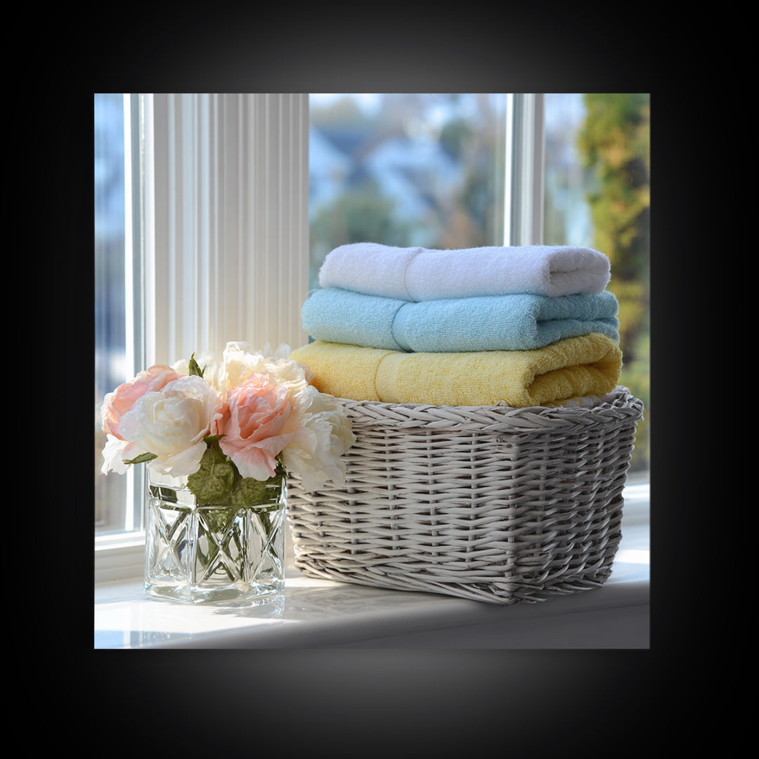 Basket of Folded Towels Canvas Print, Laundry Room Art, Farmhouse Wall Art, Living Room Decor, Fine Art, Clean, Fine Art Print, LRA-1x1-14