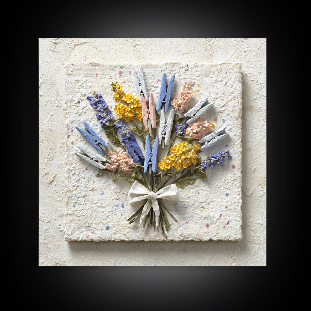 Clothespin Bouquet in Folk Art Style Canvas Print, Laundry Room Art, Oil Painting, Living Room Decor, Fine Art, Clean, LRA-1x1-20
