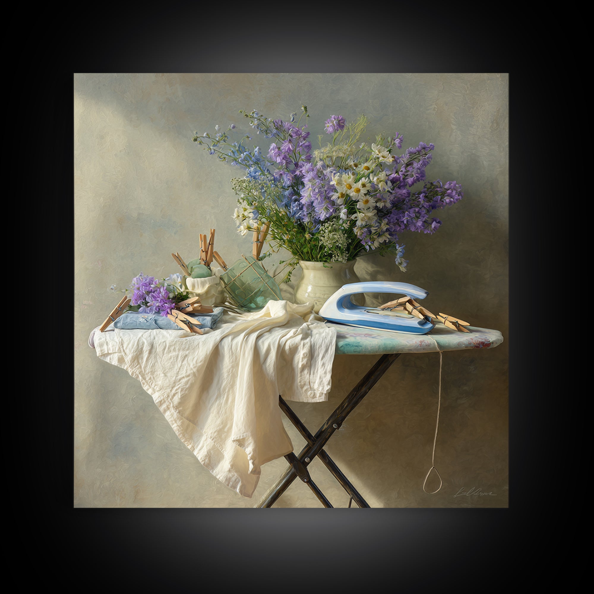 Ironing Board Still Life Framed Canvas Print, Laundry Room Art, Downloadable Art, Living Room Decor, Watercolor Art, Clean, LRA-1x1-24