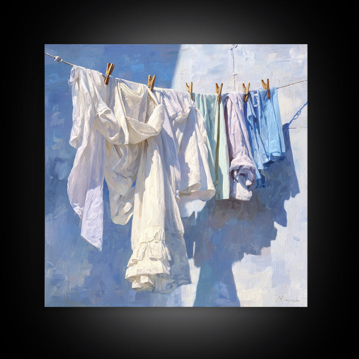 Clothesline with White Linens Blowing in Sunshine Canvas Print, Laundry Room Art, Modern Decor, Living Room Decor, Abstract Art, LRA-1x1-25