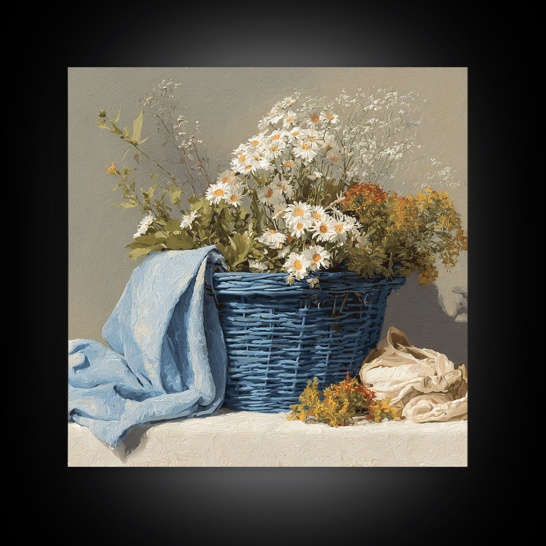 Blue Laundry Basket Framed Canvas Print, Laundry Room Art, Fine Art Print, Living Room Decor, Fine Art, Clean, Painting, LRA-1x1-29