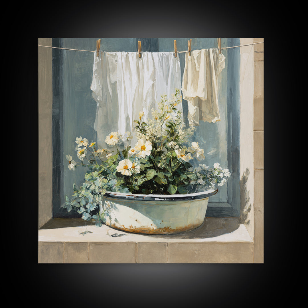 Old Enamel Basin Filled Framed Canvas Print, Laundry Room Art, Gallery Decor, Living Room Decor, Fine Art, Clean, LRA-1x1-32