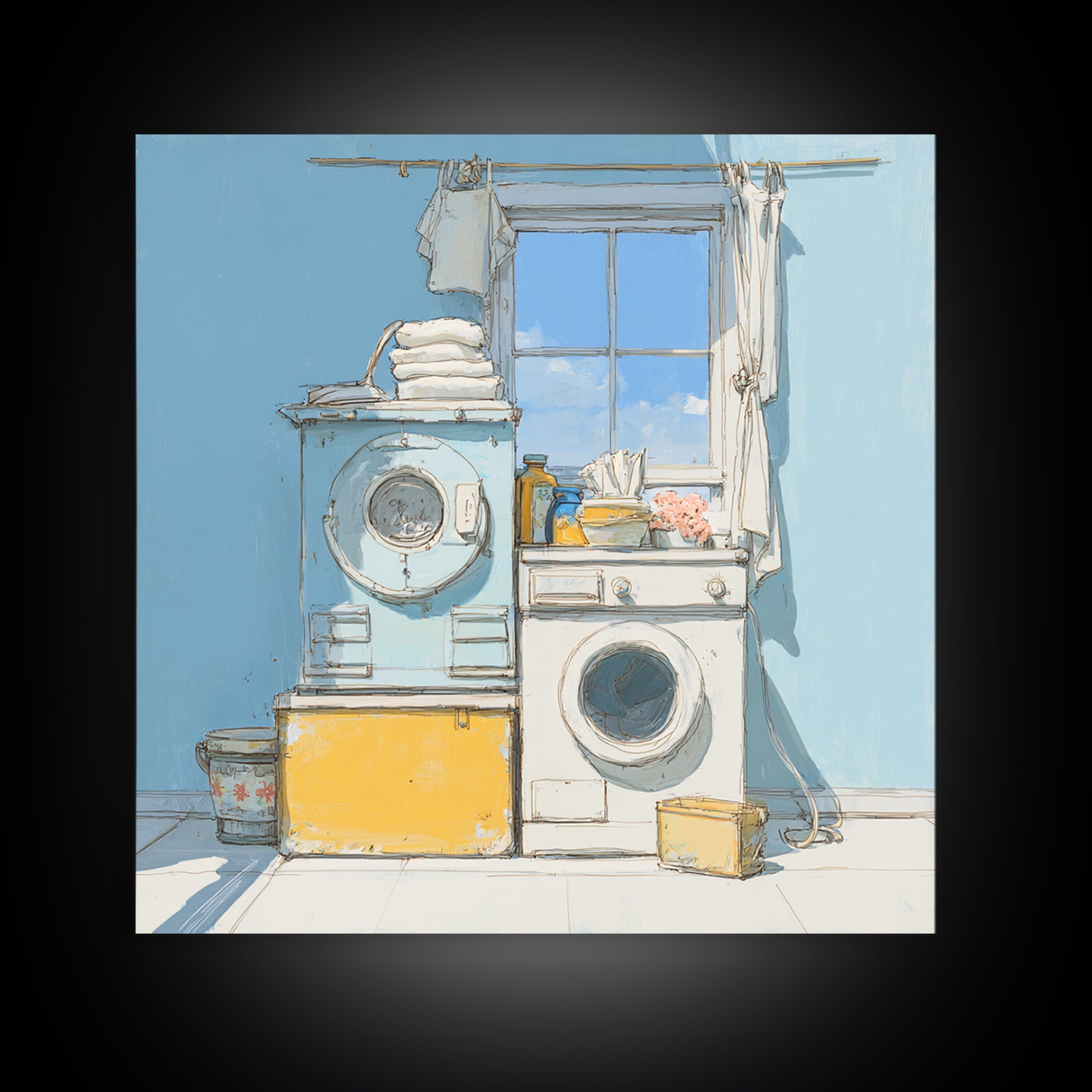 Retro Iron Illustration Framed Canvas Print, Laundry Room Art, Statement Artwork, Living Room Decor, Abstract Art, Clean, LRA-1x1-33