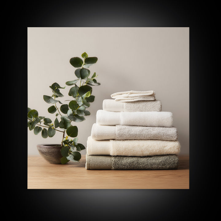 Sunlit White Towels and Eucalyptus Branch Canvas Print, Laundry Room Art, Farmhouse Wall Decor, Living Room Decor, LRA-1x1-35