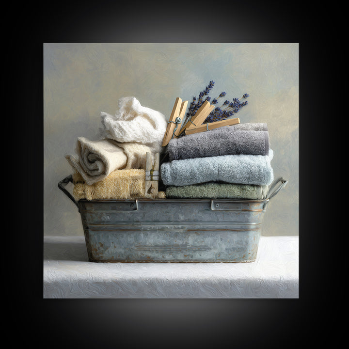 Basket of Folded Towels Framed Canvas Print, Laundry Room Art, Rustic Home Decor, Living Room Decor, Fine Art, Clean, LRA-1x1-38