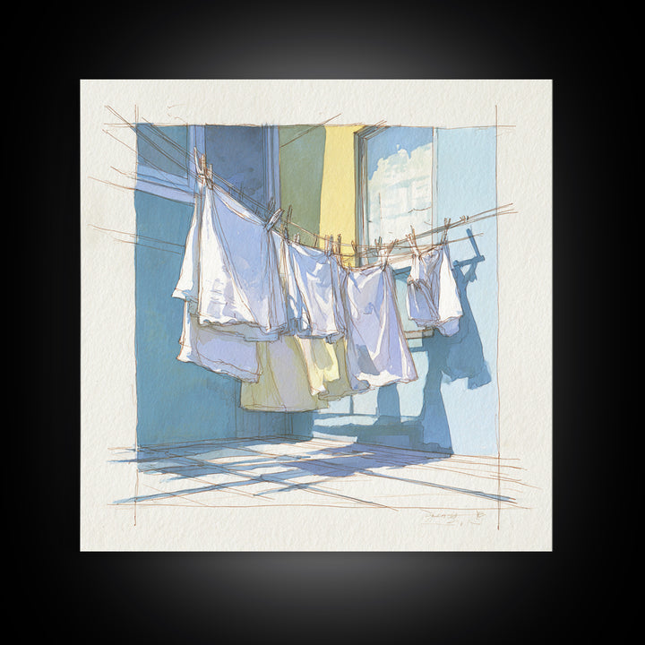 Simple Line Drawing of Hanging Laundry Framed Canvas Print, Laundry Room Art, Art Print, Living Room Decor, Abstract Art, Clean, LRA-1x1-40
