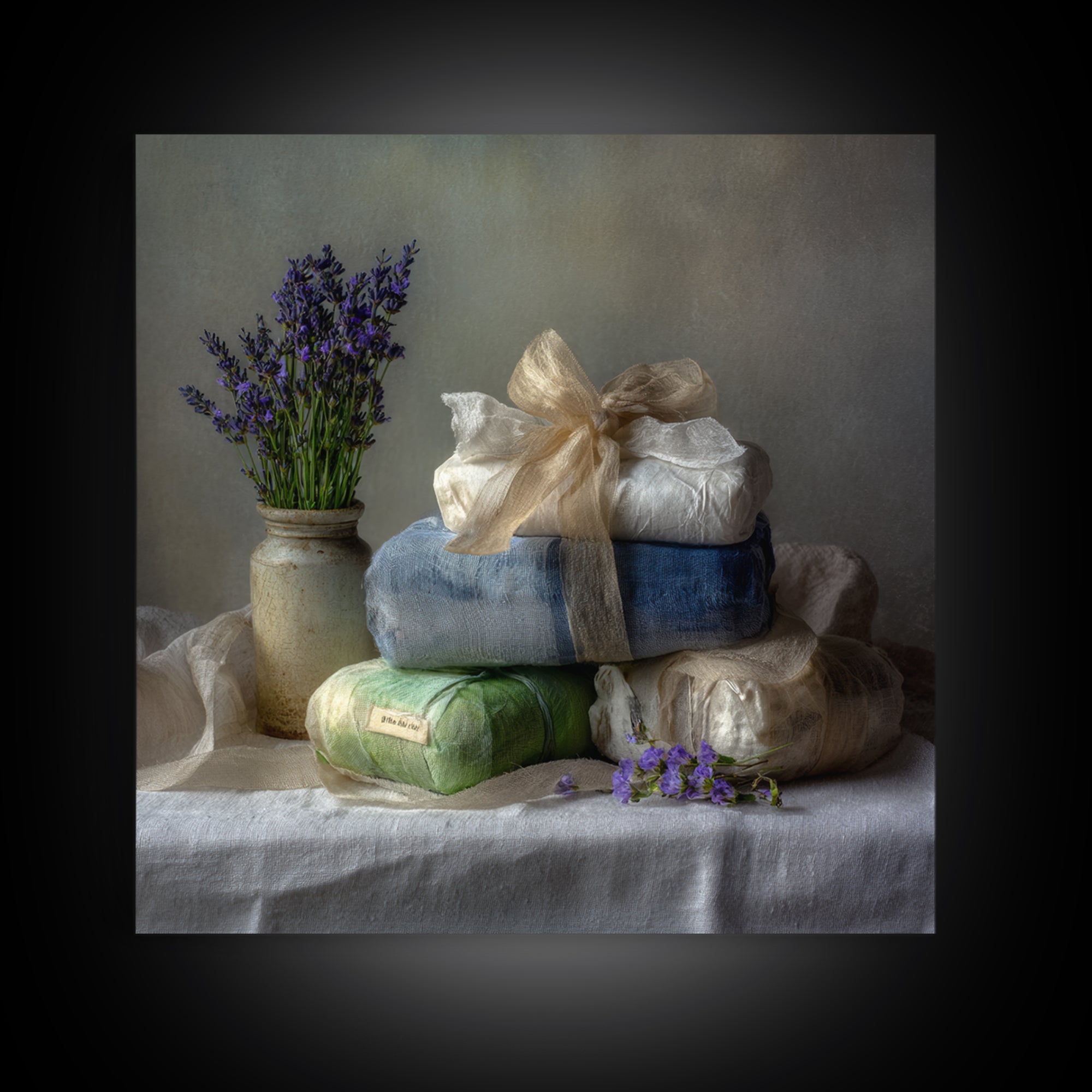 Lavender Sachet and Ribbon Still Life Framed Canvas Print, Laundry Room Art, Gallery Decor, Living Room Decor, Fine Art, Clean, LRA-1x1-41