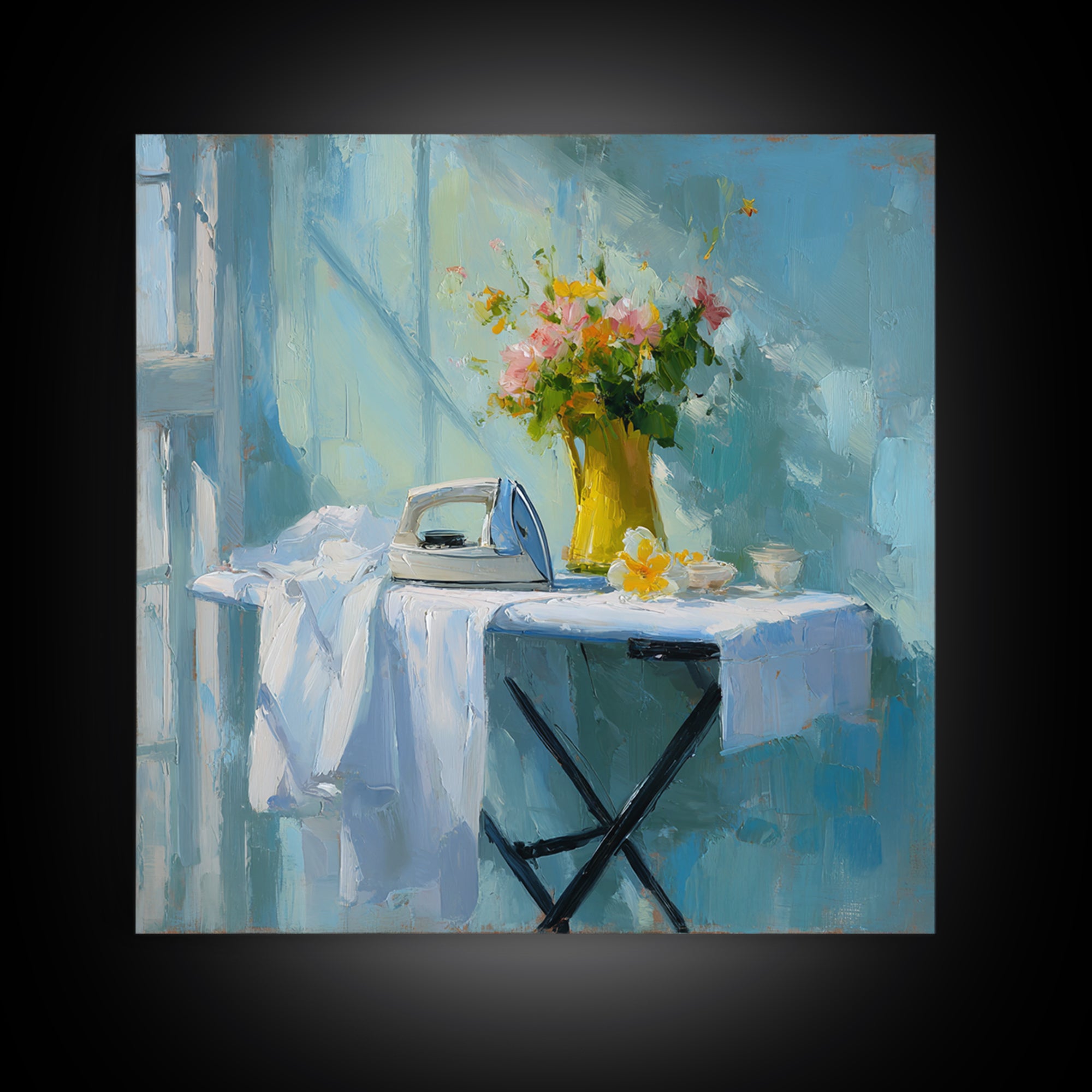 Ironing Board Still Life Framed Canvas Print, Laundry Room Art, Living Room Decor, Oil Painting, Clean, Wall Art Print, LRA-1x1-48