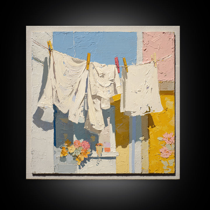 Clothesline with White Linens Blowing in Sunshine Canvas Print, Laundry Room Art, Modern Decor, Living Room Decor, Abstract Art, LRA-1x1-49