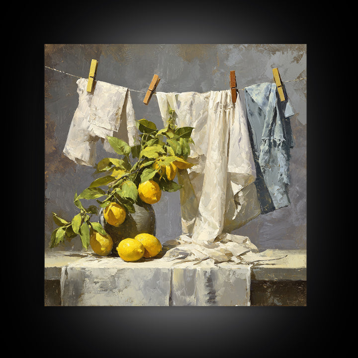 Lemon and Clean Linen Still Life Framed Canvas Print, Laundry Room Art, Rustic Home Decor, Living Room Decor, Abstract Art, LRA-1x1-51