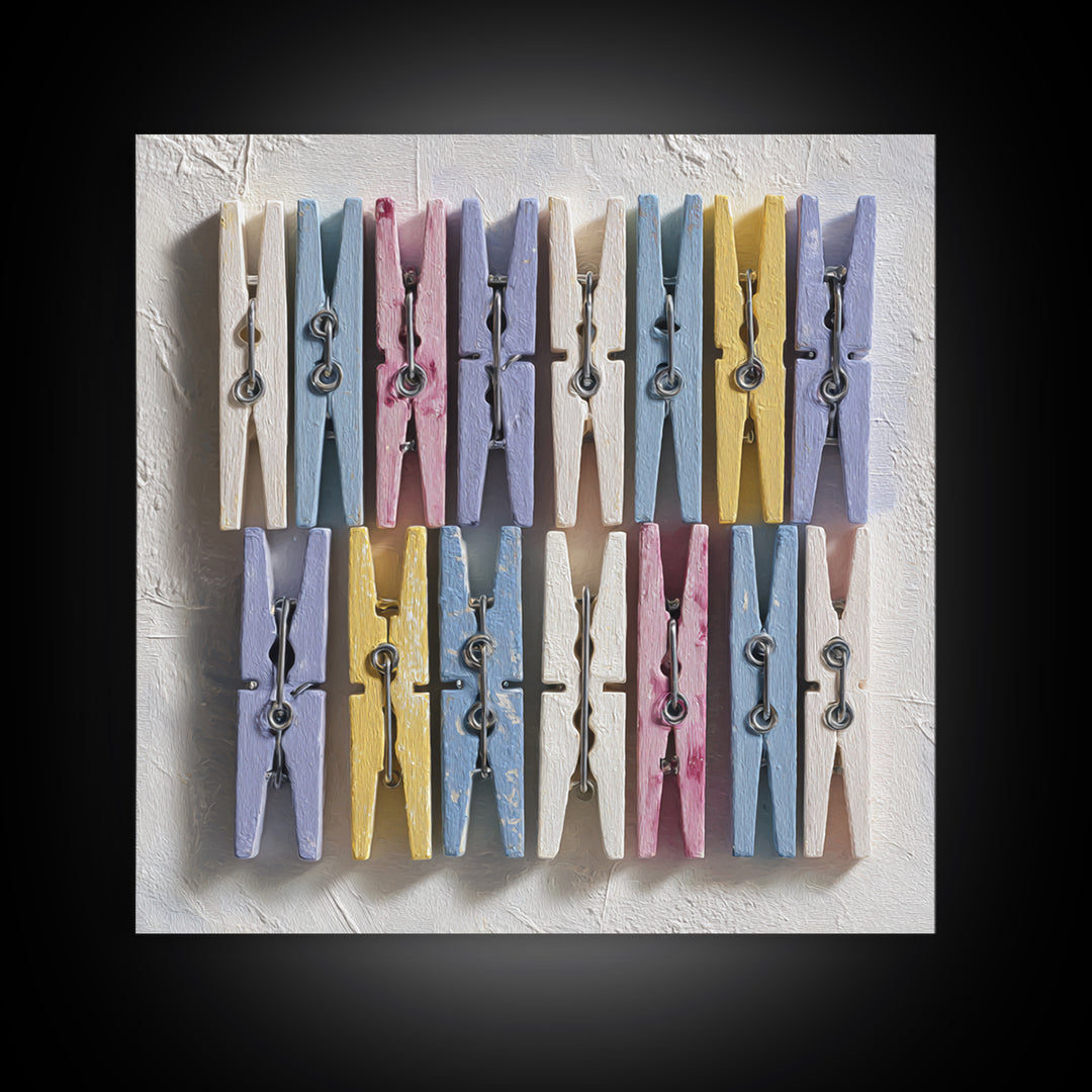 Cheerful Clothespins Arranged as Pattern Framed Canvas Print, Laundry Room Art, Laundry Room Decor, Living Room Decor, Clean, LRA-1x1-52