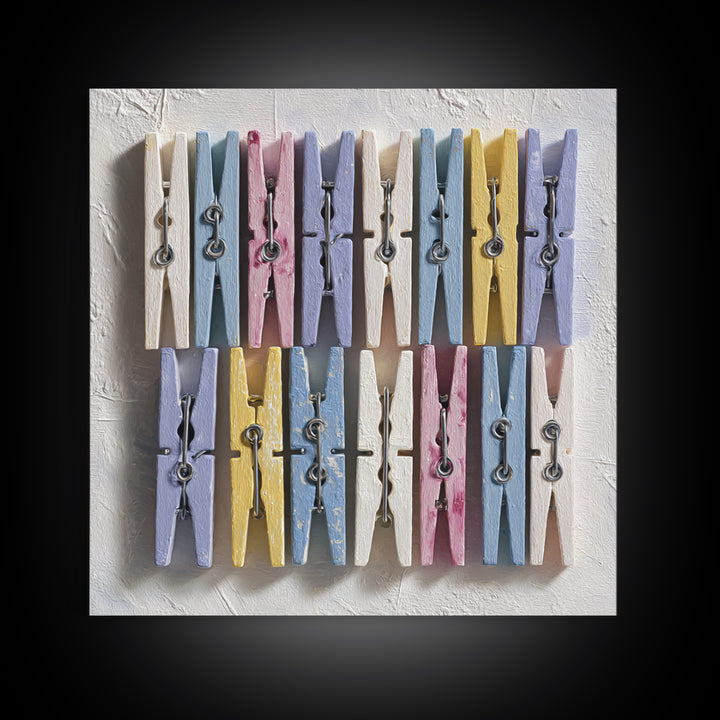 Cheerful Clothespins Arranged as Pattern Framed Canvas Print, Laundry Room Art, Laundry Room Decor, Living Room Decor, Clean, LRA-1x1-52
