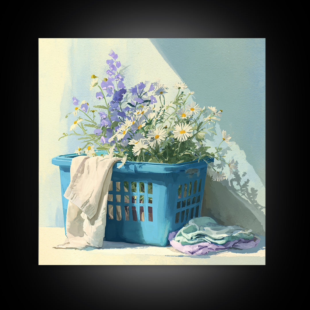 Blue Laundry Basket Framed Canvas Print, Laundry Room Art, Fine Art Print, Living Room Decor, Fine Art, Clean, Painting, LRA-1x1-53