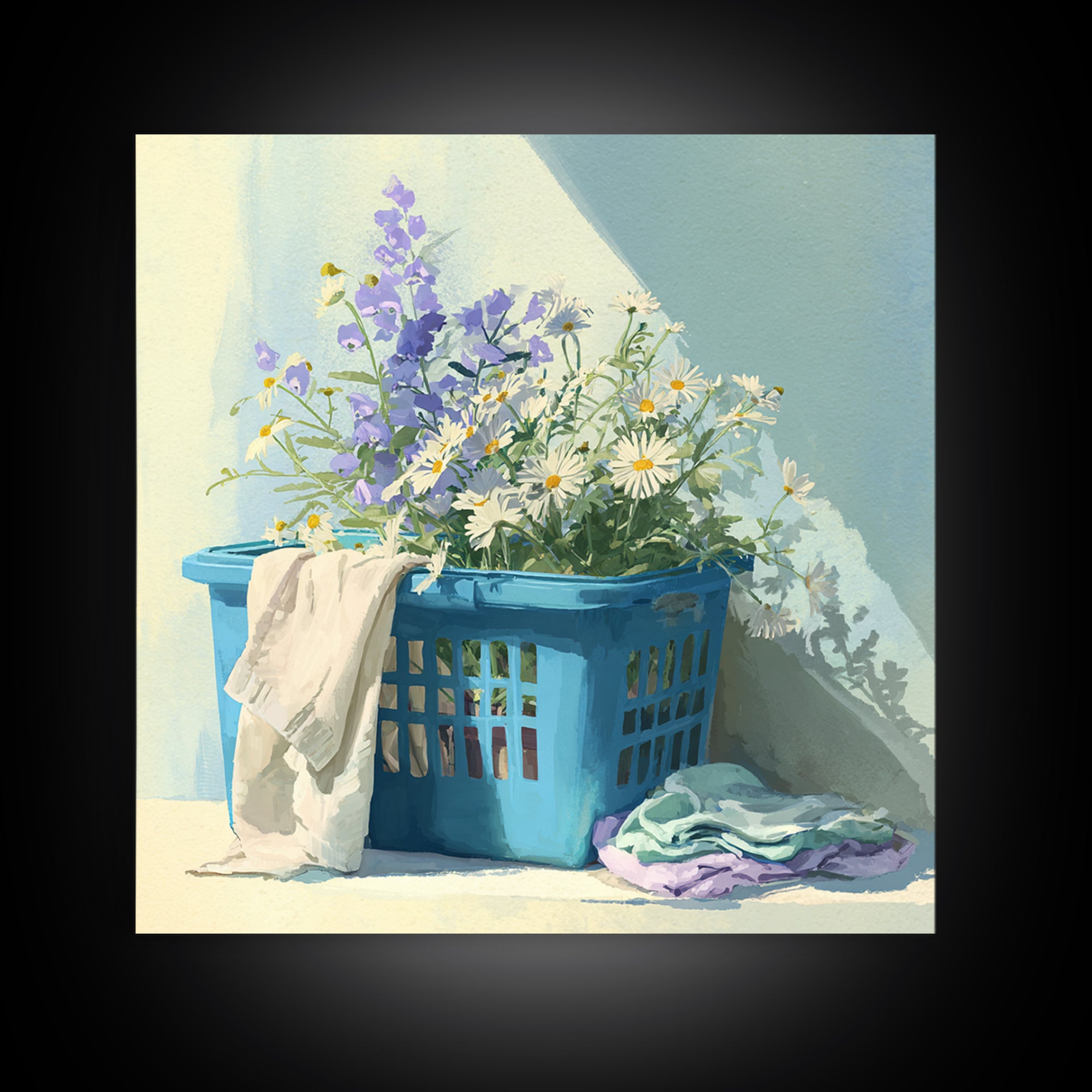 Blue Laundry Basket Framed Canvas Print, Laundry Room Art, Fine Art Print, Living Room Decor, Fine Art, Clean, Painting, LRA-1x1-53