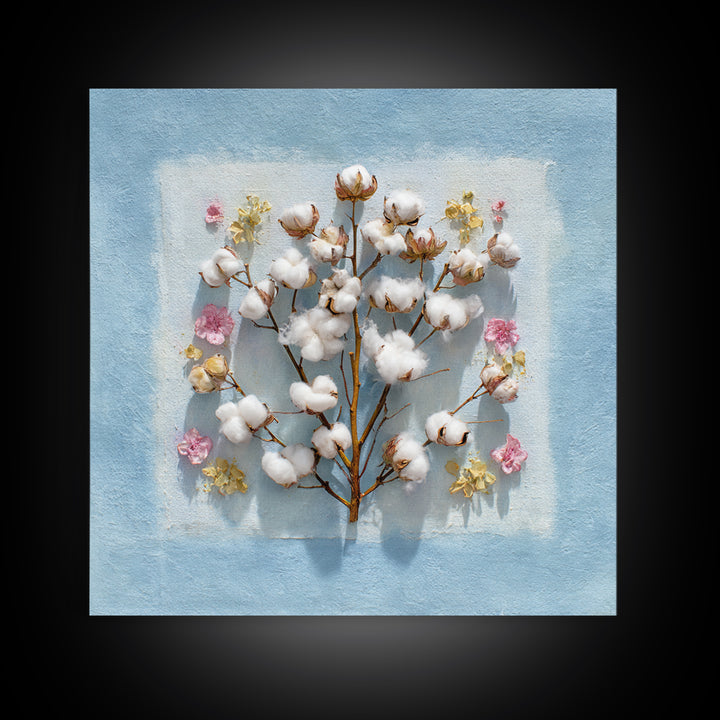Fresh Cotton Branch Botanical Study Canvas Print, Laundry Room Art, Apartment Wall Art, Living Room Decor, Fine Art, Clean, LRA-1x1-55