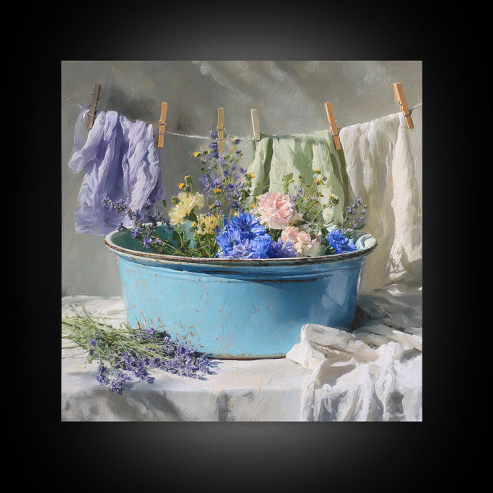 Old Enamel Basin Filled Framed Canvas Print, Laundry Room Art, Printable Art, Living Room Decor, Fine Art, Clean, Whimsical Art, LRA-1x1-56