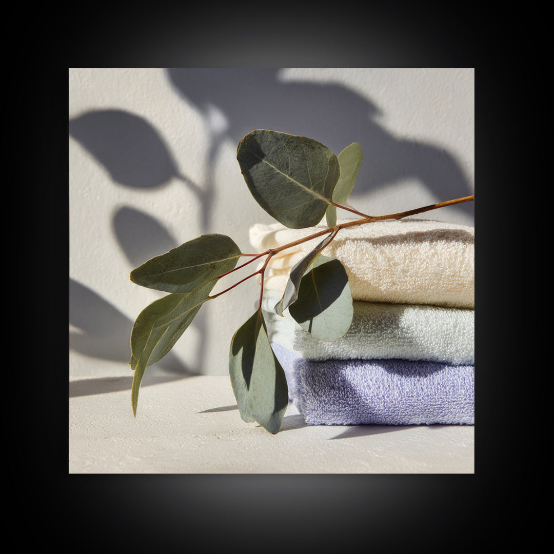 Sunlit White Towels and Eucalyptus Branch Canvas Print, Laundry Room Art, Digital Art Print, Living Room Decor, Fine Art, Clean, LRA-1x1-59