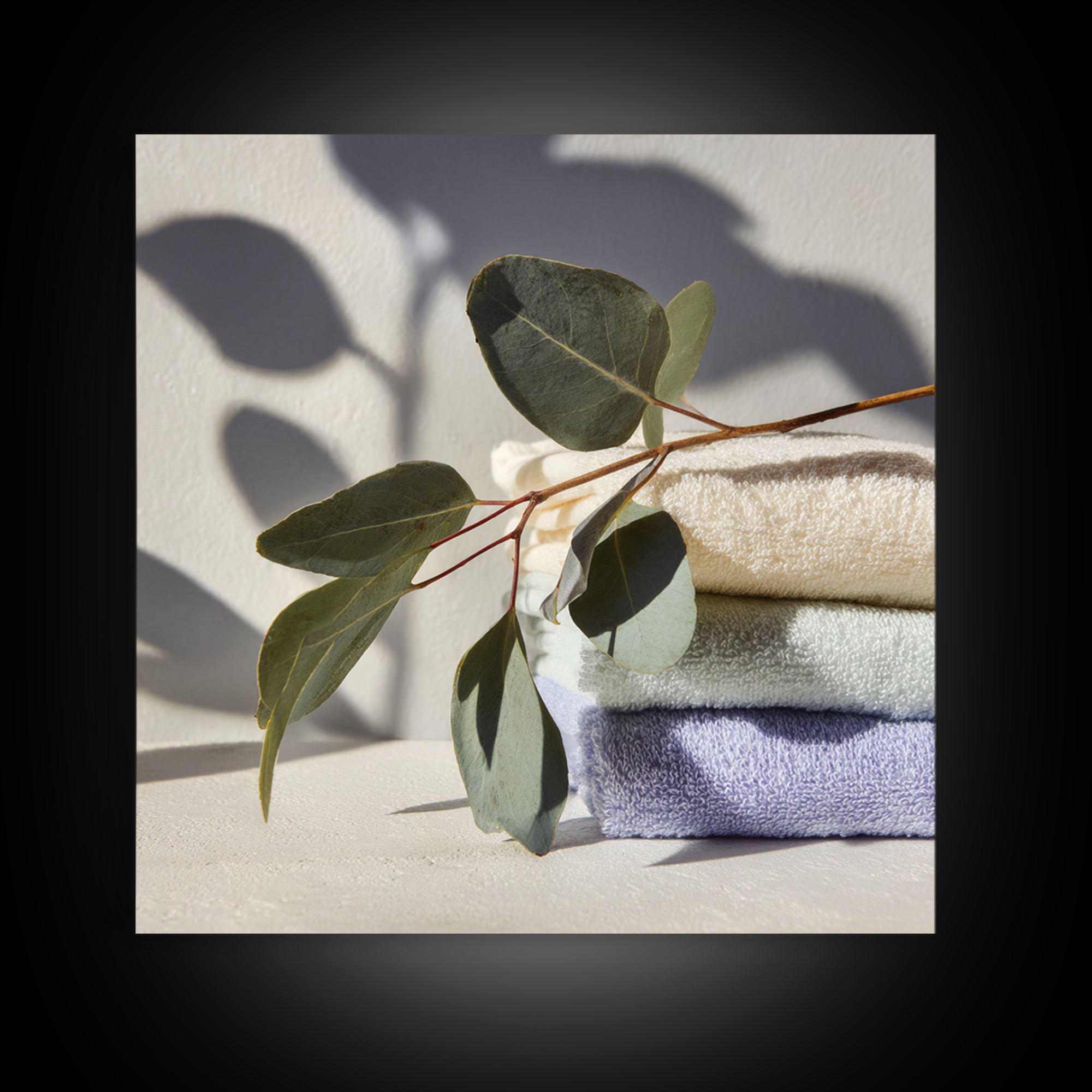 Sunlit White Towels and Eucalyptus Branch Canvas Print, Laundry Room Art, Digital Art Print, Living Room Decor, Fine Art, Clean, LRA-1x1-59