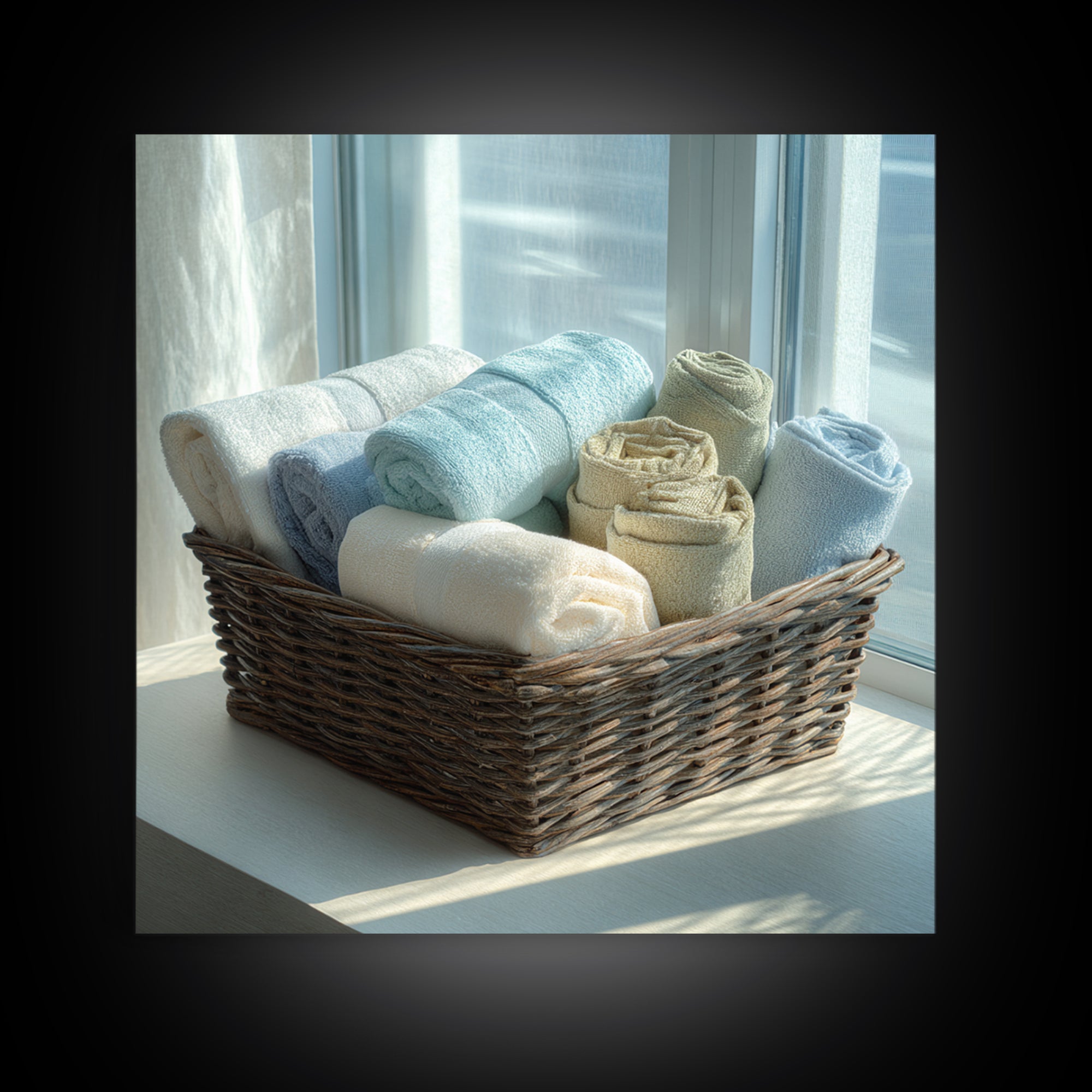 Basket of Folded Towels Framed Canvas Print, Laundry Room Art, Rustic Home Decor, Living Room Decor, Fine Art, Clean, LRA-1x1-62