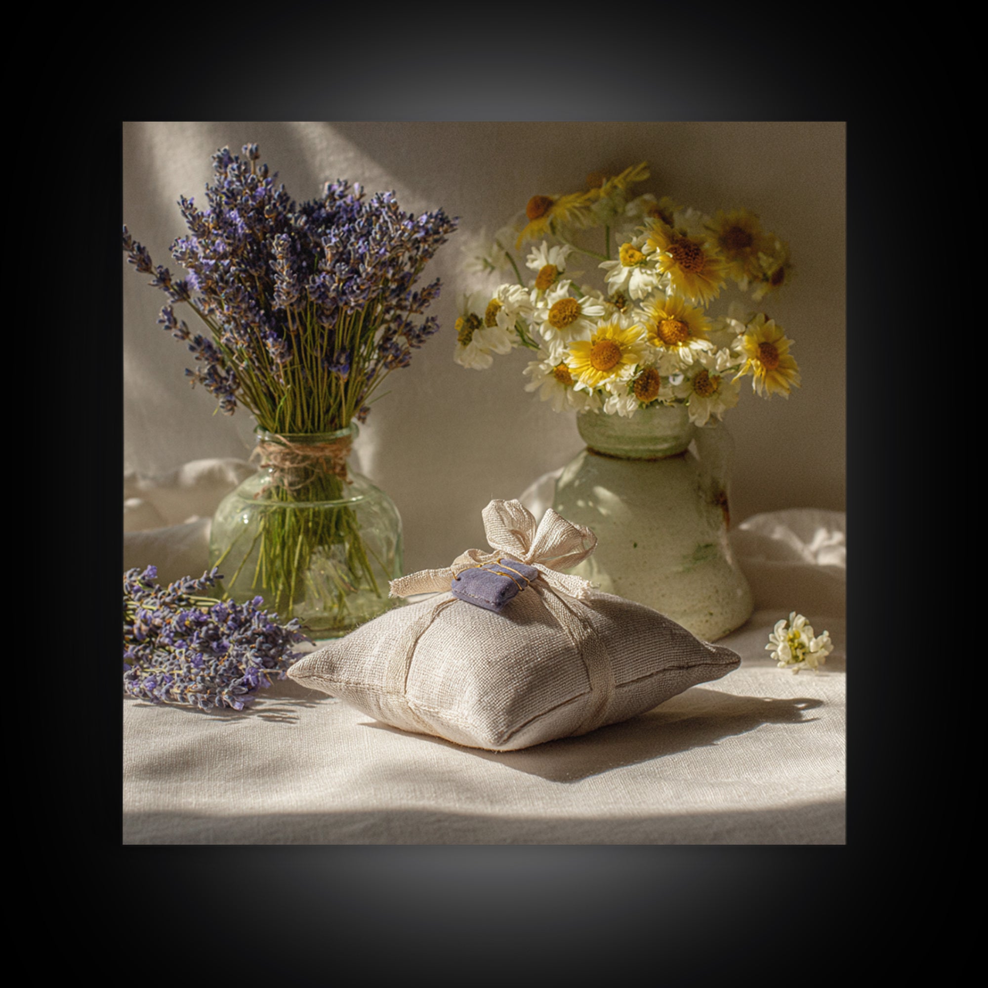 Lavender Sachet and Ribbon Still Life Framed Canvas Print, Laundry Room Art, Gallery Decor, Living Room Decor, Fine Art, Clean, LRA-1x1-65