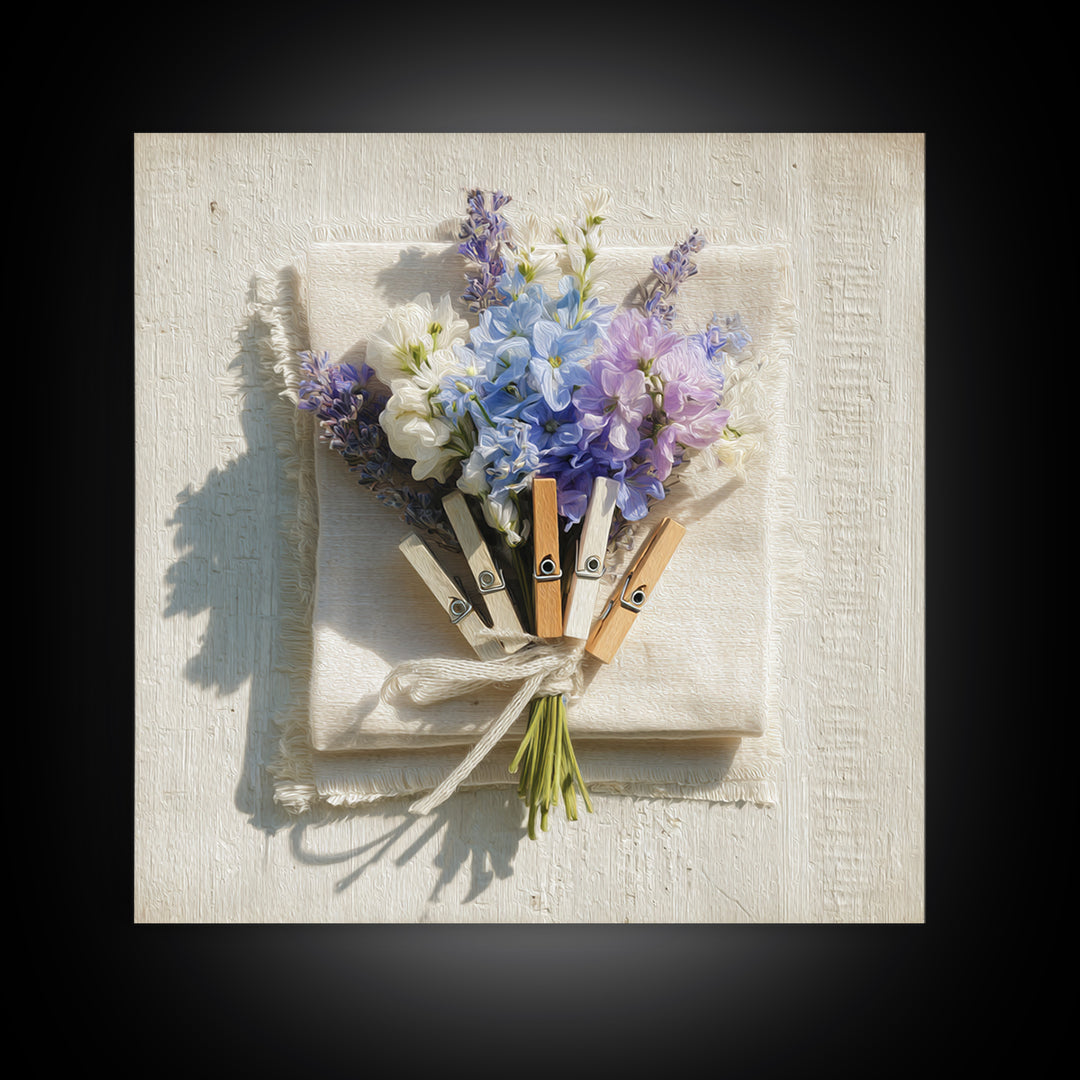 Clothespin Bouquet in Folk Art Style Framed Canvas Print, Laundry Room Art, Whimsical Art, Living Room Decor, Fine Art, Clean, LRA-1x1-68