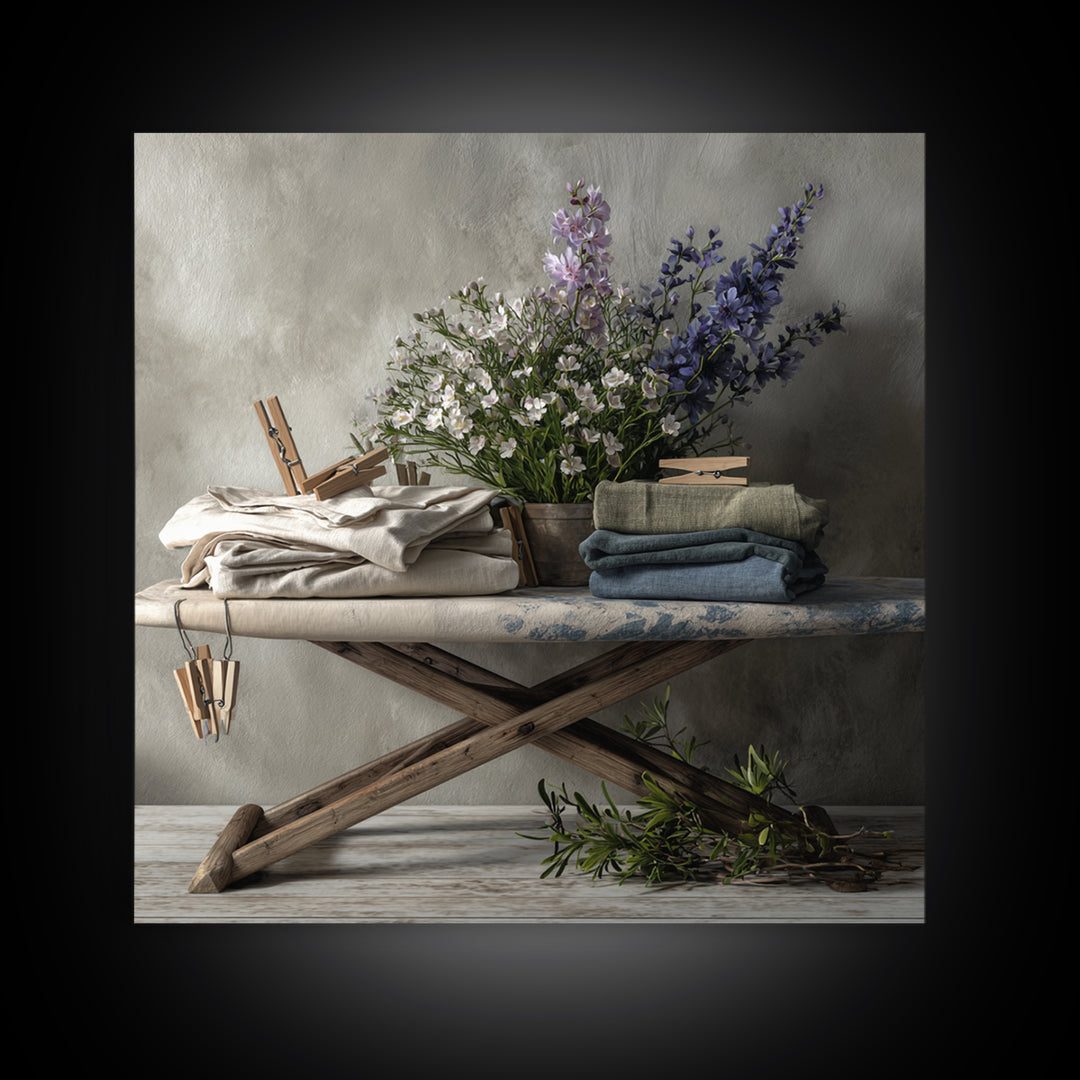 Ironing Board Still Life Framed Canvas Print, Laundry Room Art, Gallery Wall Prints, Living Room Decor, Fine Art, Clean, LRA-1x1-72