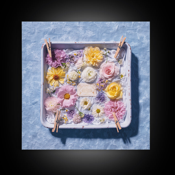 Old Enamel Basin Filled Framed Canvas Print, Laundry Room Art, Digital Print, Living Room Decor, Oil Painting, Clean, LRA-1x1-8