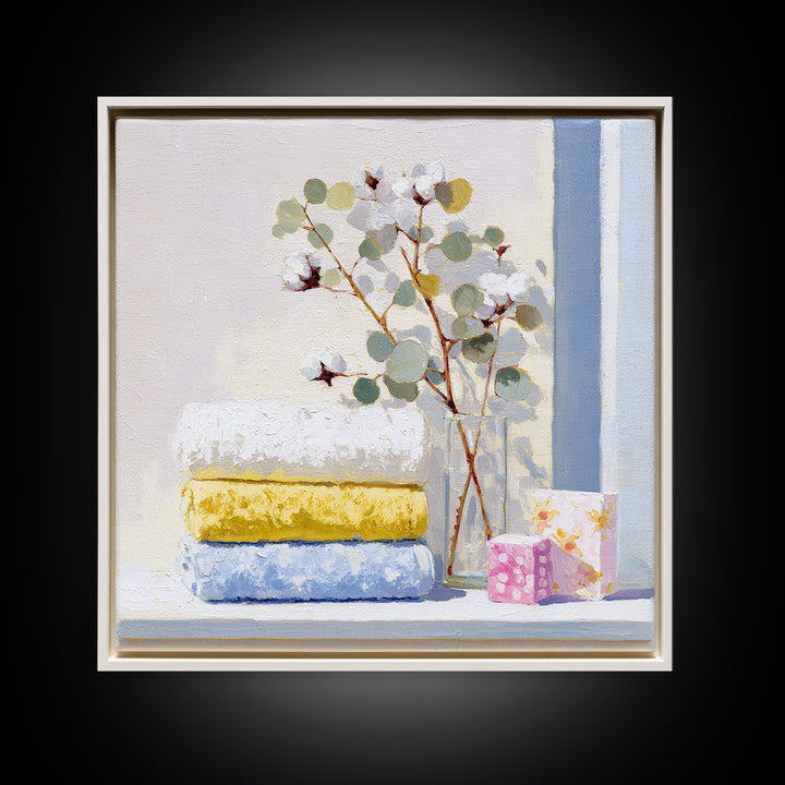 Sunlit White Towels and Eucalyptus Branch Canvas Print, Laundry Room Art, Statement Artwork, Living Room Decor, Clean, LRA-1x1-83