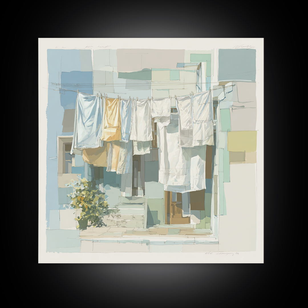 Simple Line Drawing of Hanging Laundry Framed Canvas Print, Laundry Room Art, Textured Painting, Living Room Decor, Clean, LRA-1x1-88