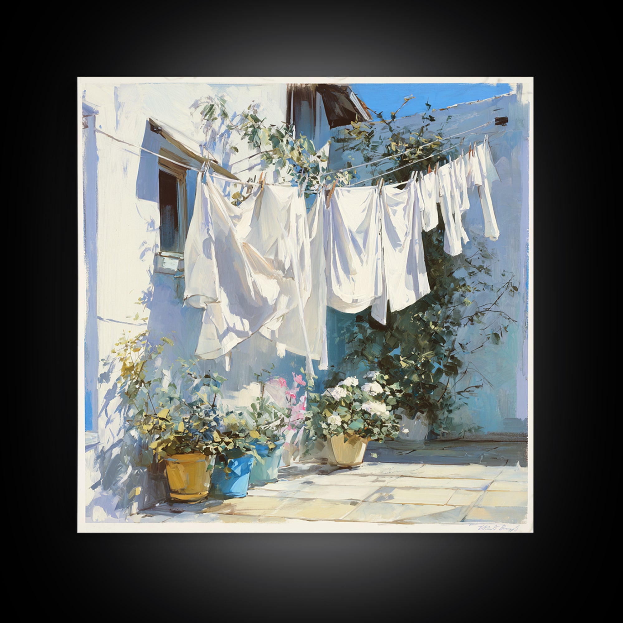 Clothesline with White Linens Blowing in Sunshine Canvas Print, Laundry Room Art, Home Decor, Living Room Decor, Clean, LRA-1x1-97