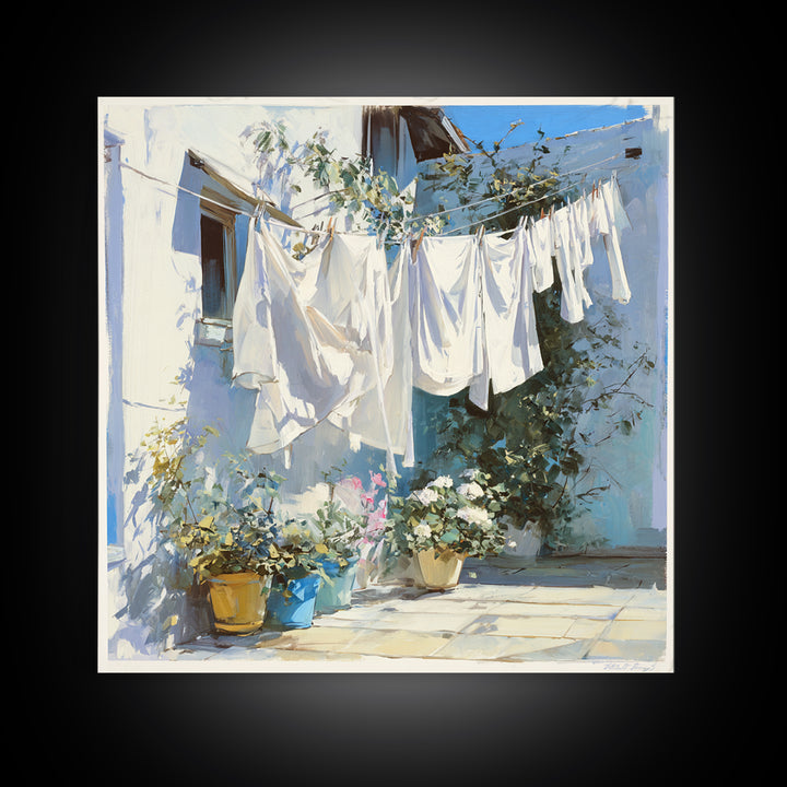 Clothesline with White Linens Blowing in Sunshine Canvas Print, Laundry Room Art, Home Decor, Living Room Decor, Clean, LRA-1x1-97
