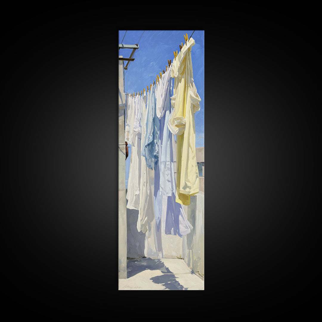 Clothesline with White Linens Blowing in Sunshine Canvas Print, Laundry Room Art, Statement Artwork, Living Room Decor, Clean, LRA-1x3-13