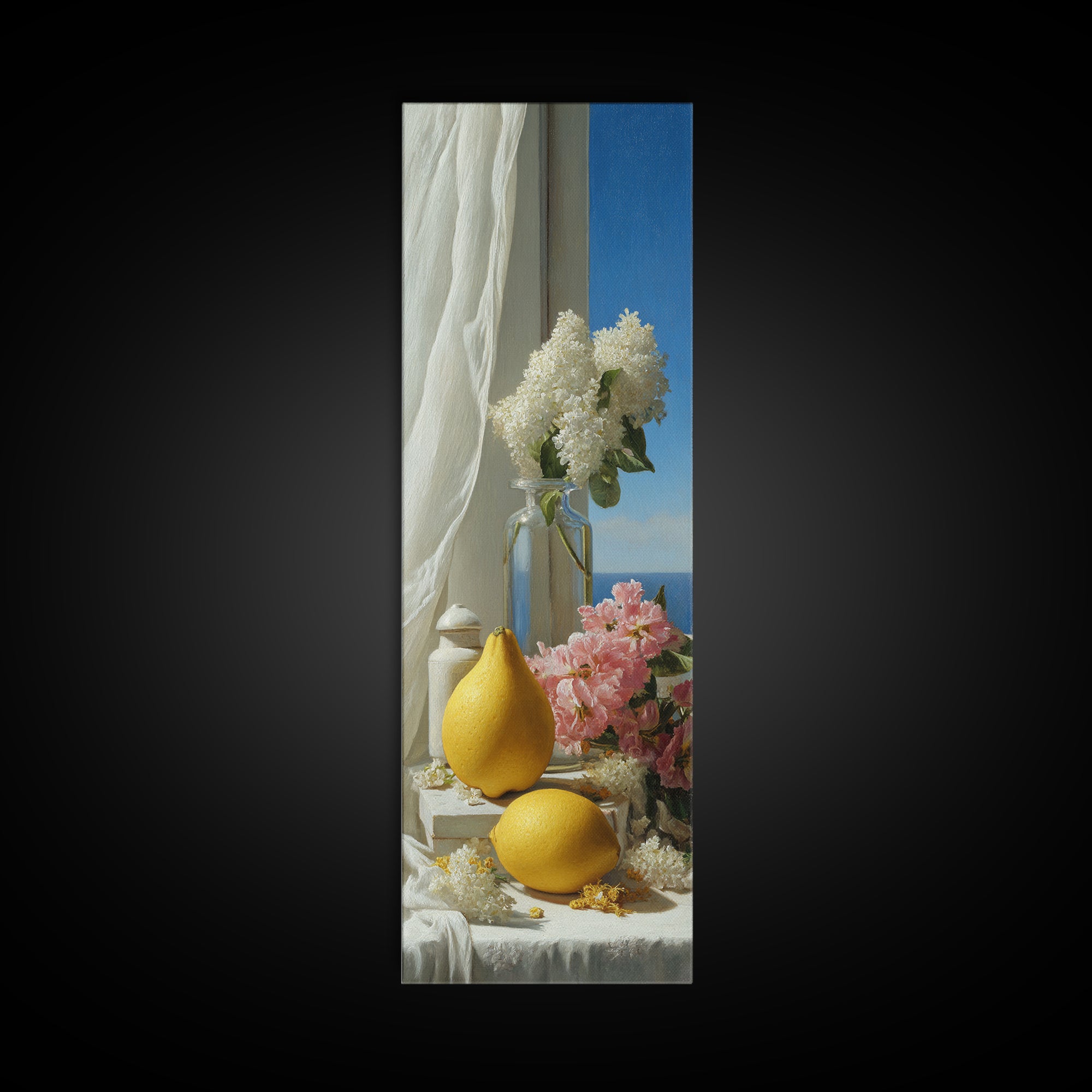 Lemon and Clean Linen Still Life Framed Canvas Print, Laundry Room Art, Wall Decor, Living Room Decor, Fine Art, Clean, LRA-1x3-15