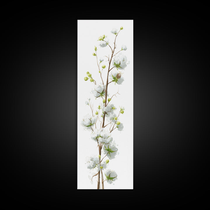 Fresh Cotton Branch Botanical Study Framed Canvas Print, Laundry Room Art, Painting, Living Room Decor, Oil Painting, Clean, LRA-1x3-19