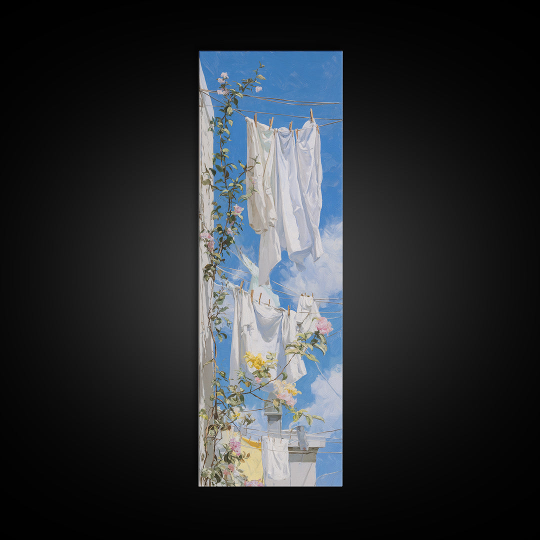 Clothesline with White Linens Blowing in Sunshine Canvas Print, Laundry Room Art, Statement Artwork, Living Room Decor, Clean, LRA-1x3-37